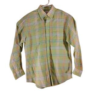 Brooks Brothers Vintage shirt mens M Medium green plaid pastel made in USA long